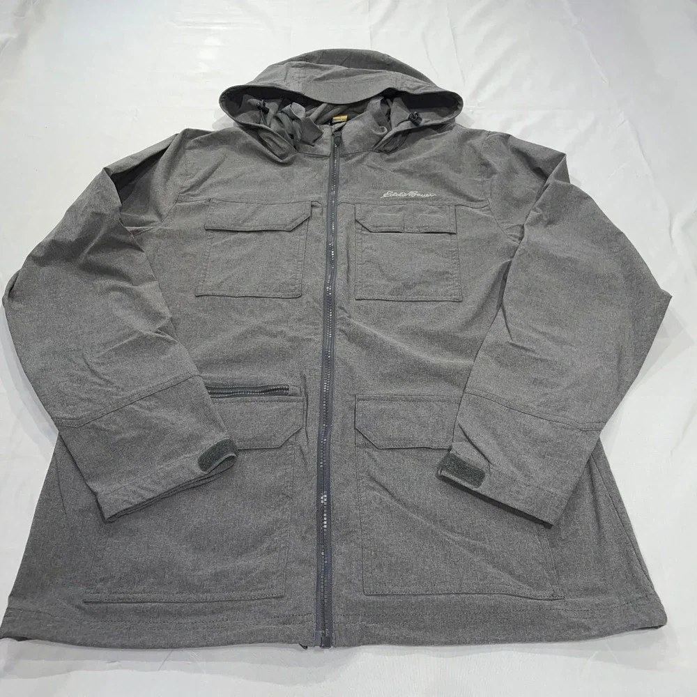 Eddie Bauer Travex Mens Gray Hooded Full Zip‎ Stretch Travel Jacket Large